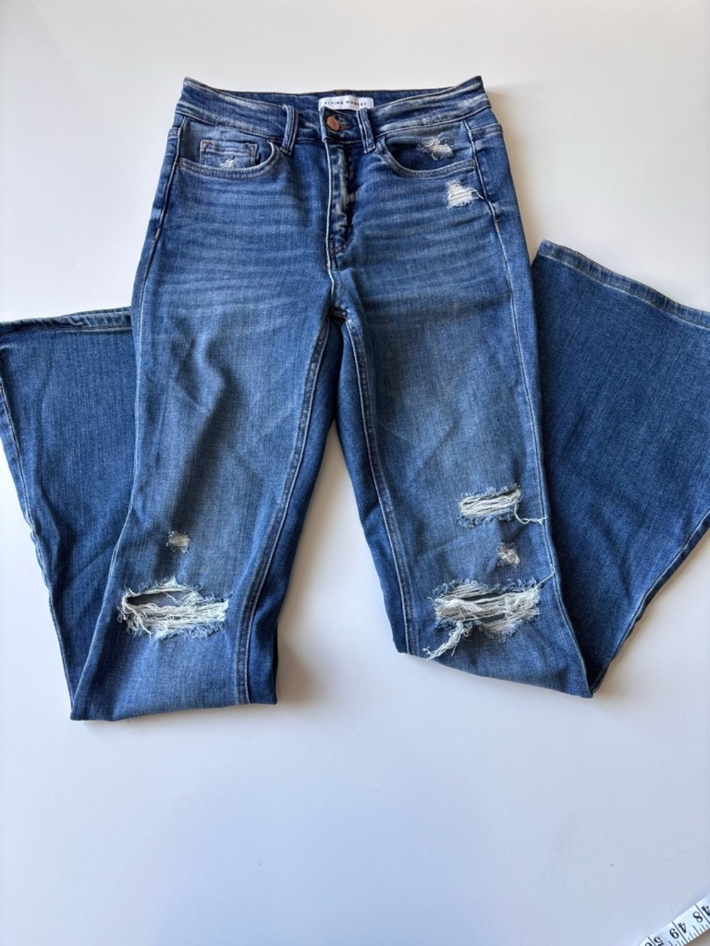 Flying Monkey High Rise Distressed Blue Flare Jeans - Picture 9 of 14